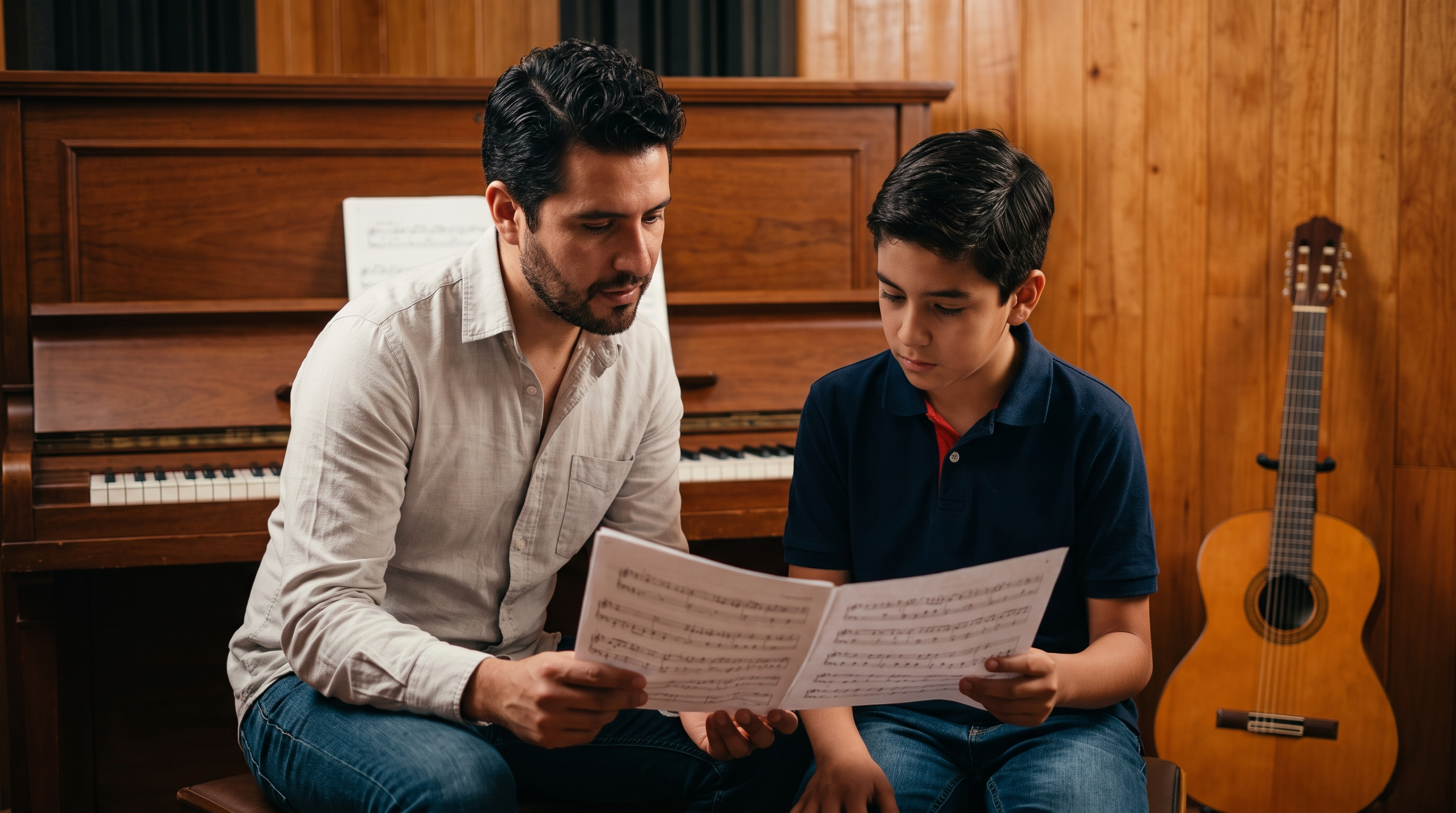Maestro de música y alumno revisando partituras frente a un piano en la Escuela de Música Sensemayá en Querétaro.