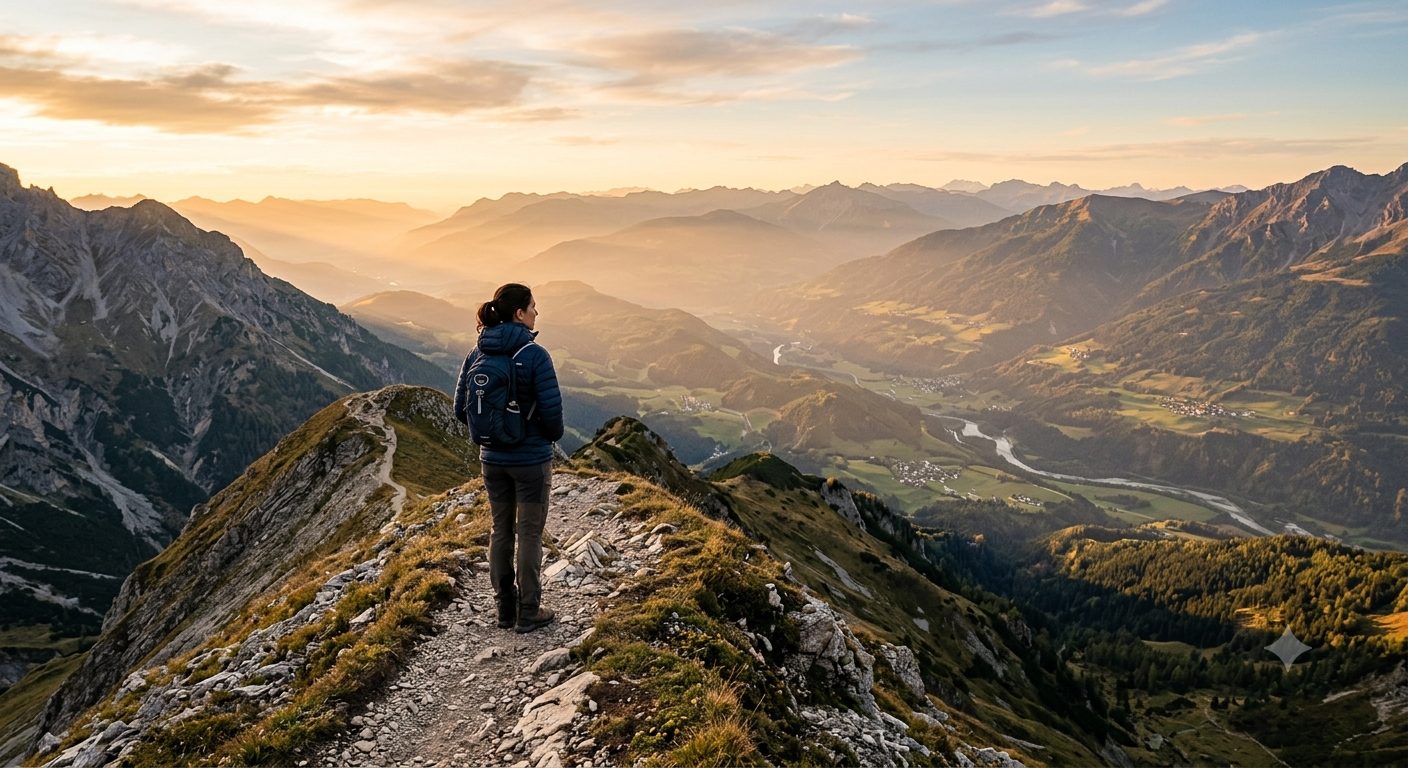 Person standing peacefully on a mountain at sunrise representing Applied Spirituality and inner peace in everyday life.